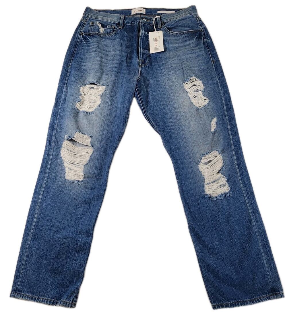 Frame Jeans 31 Distressed Heritage Original‎ High Rise Straight Cut Button Fly